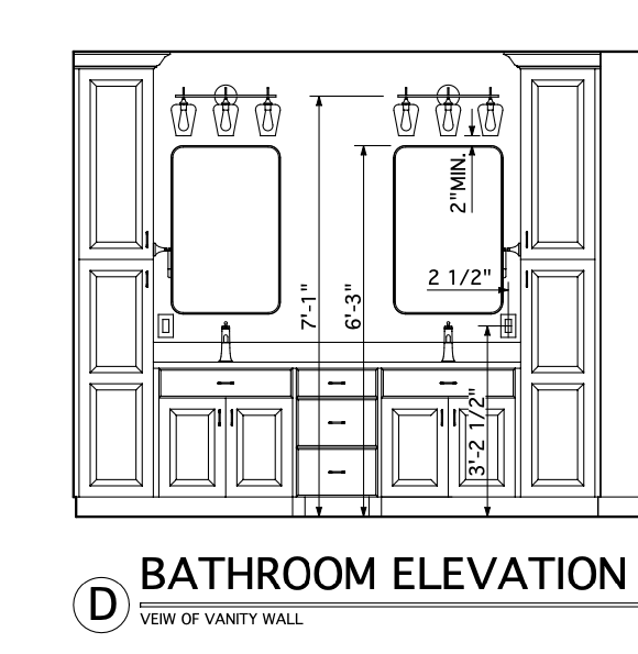 Architectural drawing of a bathroom vanity wall elevation showing two sinks, mirrors, cabinets, light fixtures, and labeled dimensions—helpful for understanding the difference between estimates and proposals in renovation planning.