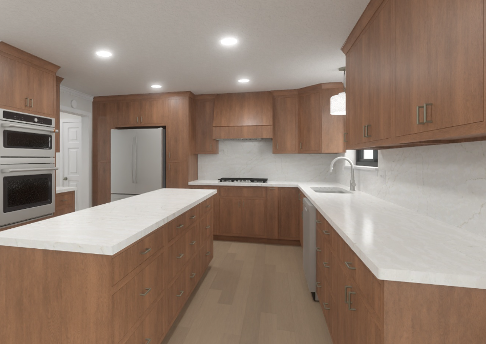 Modern kitchen with wood cabinets, white countertops, stainless steel appliances, and recessed lighting. The island is centered in the room—an inviting space where you might discuss the difference between estimates and proposals over coffee.