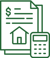 Icon of a document with a dollar sign and house, next to a calculator, symbolizing financial planning or mortgage calculation.