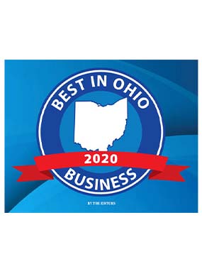 A circular blue emblem features a white outline of Ohio with "Best in Ohio Business 2020" in bold text, and a red banner across the bottom.