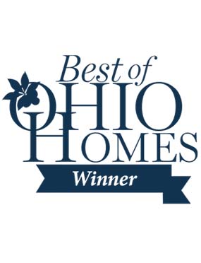 Logo with text "Best of Ohio Homes Winner" featuring a ribbon and a floral emblem incorporated into the letter "O".